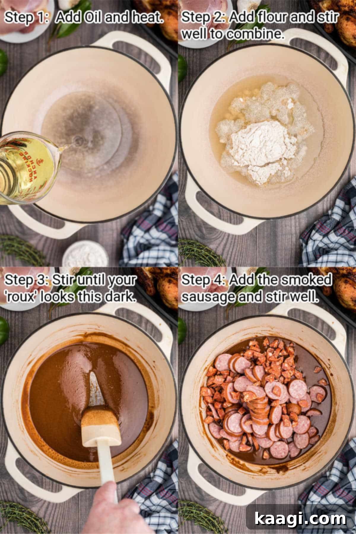 four images showing steps of how to make a chicken and sausage gumbo, this is steps 1 through 4