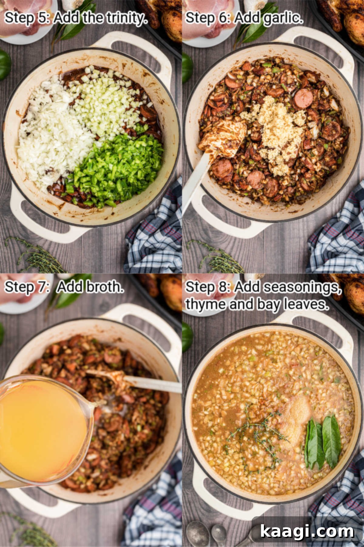 four images showing steps of how to make a chicken and sausage gumbo, this is steps 5 through 8.