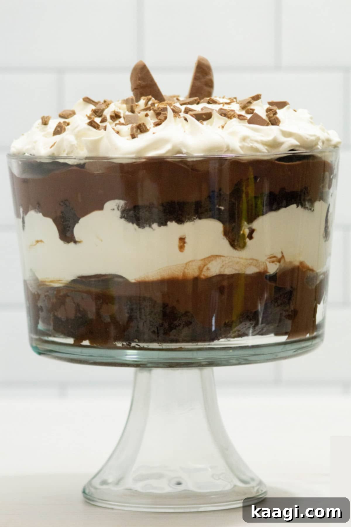 layers of brownie, chocolate pudding and leftover easter candy in a delicious trifle