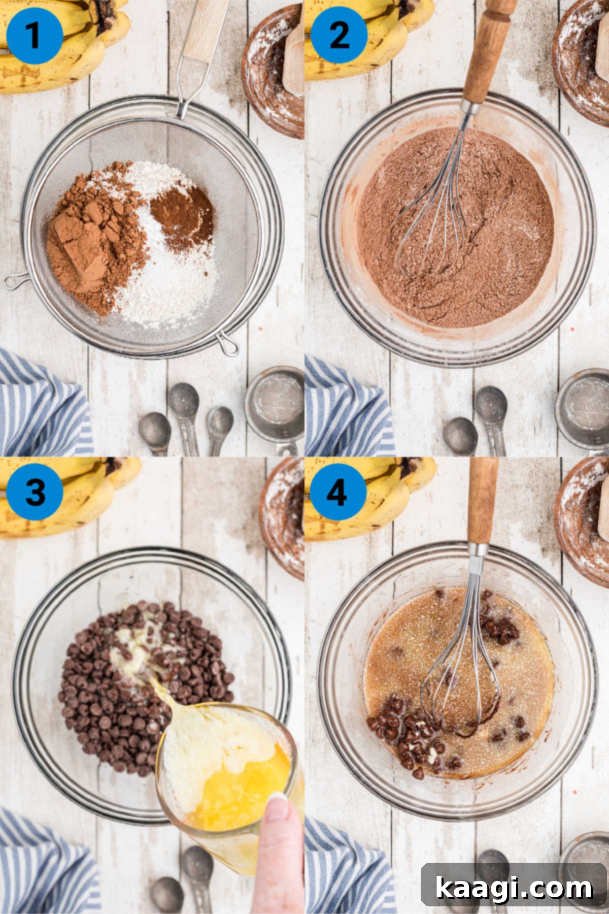 Decadent Banana Brownies 4 A sequence of four images illustrating the initial steps (1-4) of preparing banana brownie batter, from sifting dry ingredients to melting chocolate and butter in bowls.