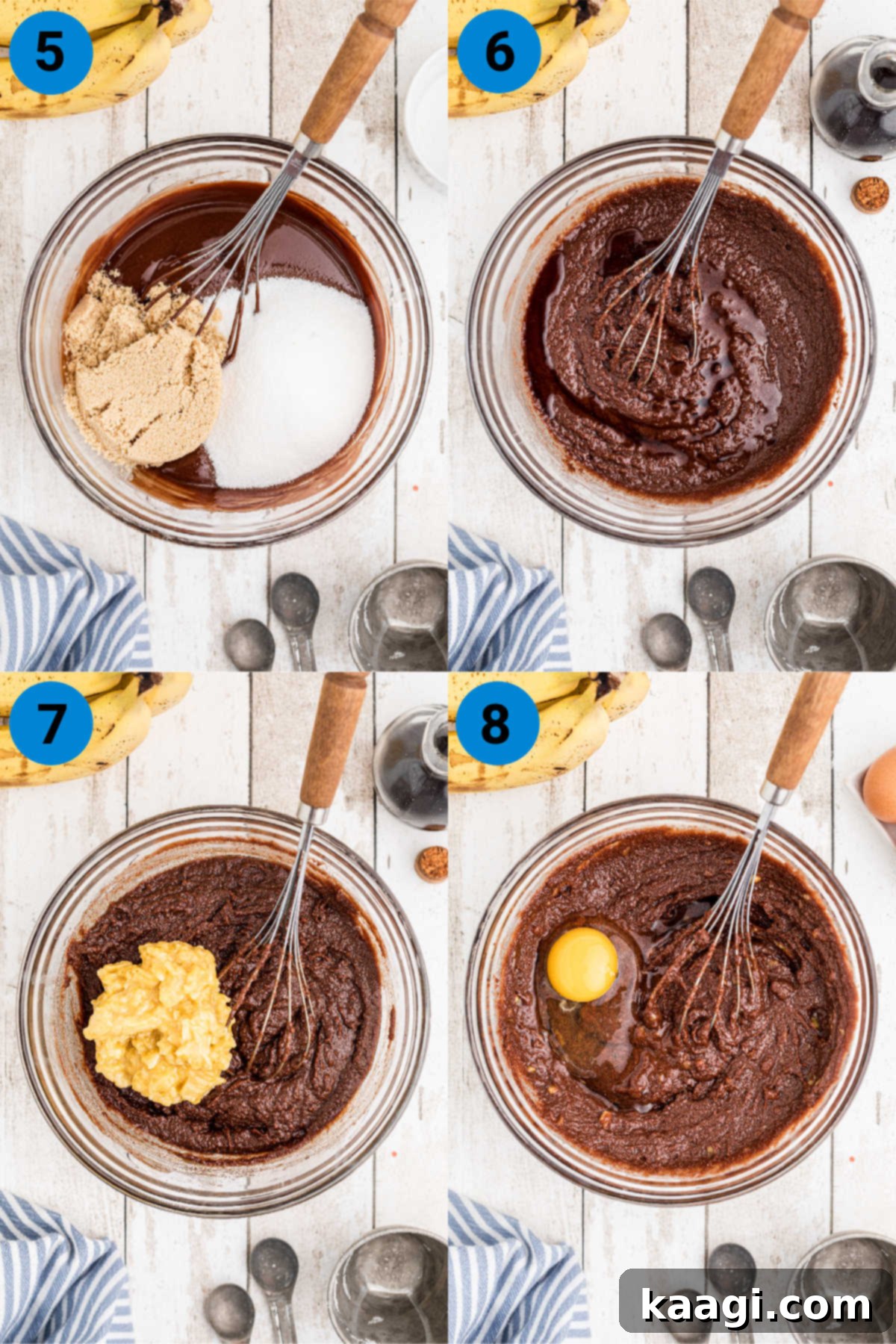 Decadent Banana Brownies 5 A sequence of four images detailing the next steps (5-8) in making banana brownies, focusing on incorporating wet ingredients like sugars, vanilla extract, mashed bananas, and eggs into the chocolate mixture.