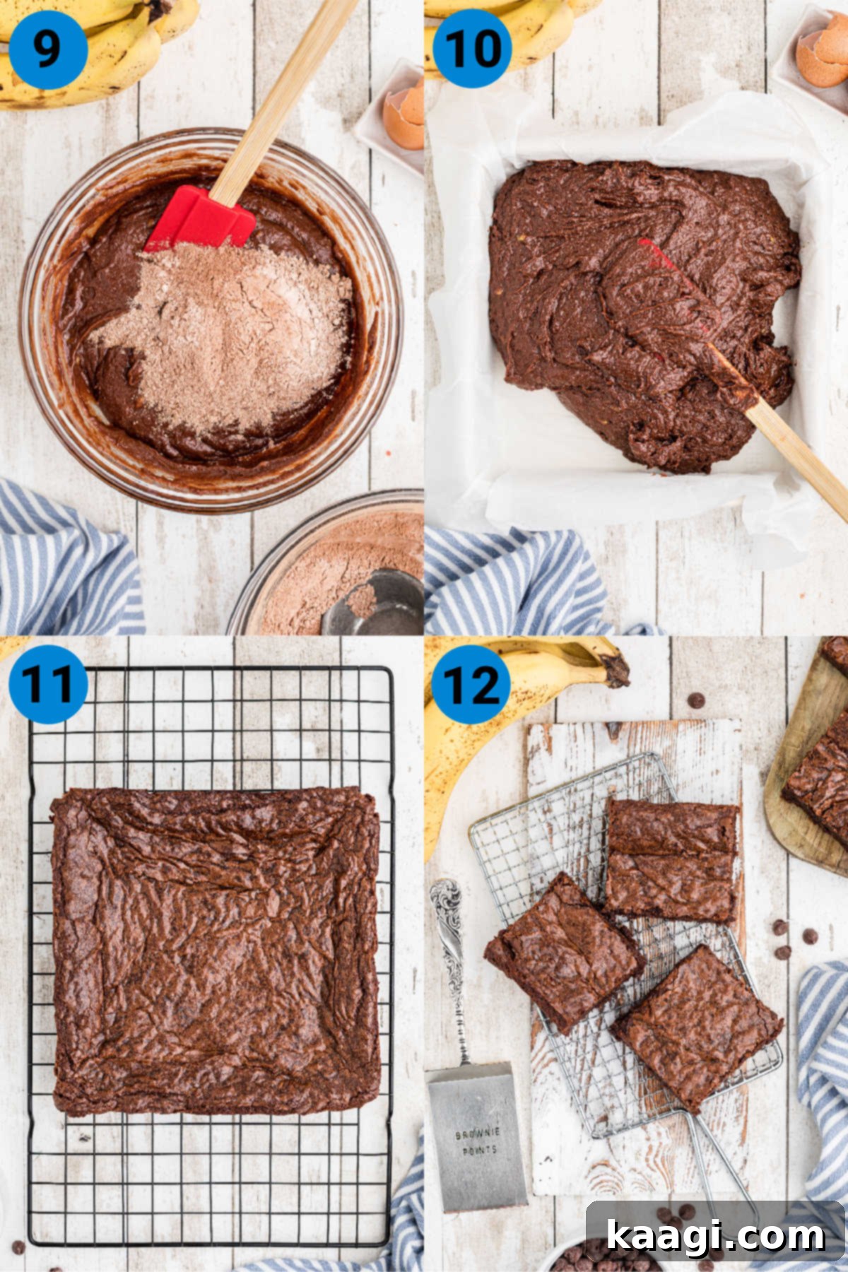 Decadent Banana Brownies 6 A sequence of four images illustrating the final steps (9-12) of making banana brownies, from gently folding in dry ingredients, pouring into a pan, baking, to cooling and serving the finished product.