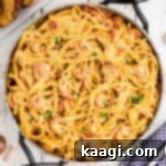 Creamy Cajun Crawfish Fettuccine 15 overhead close up of a skillet of crawfish fettuccine