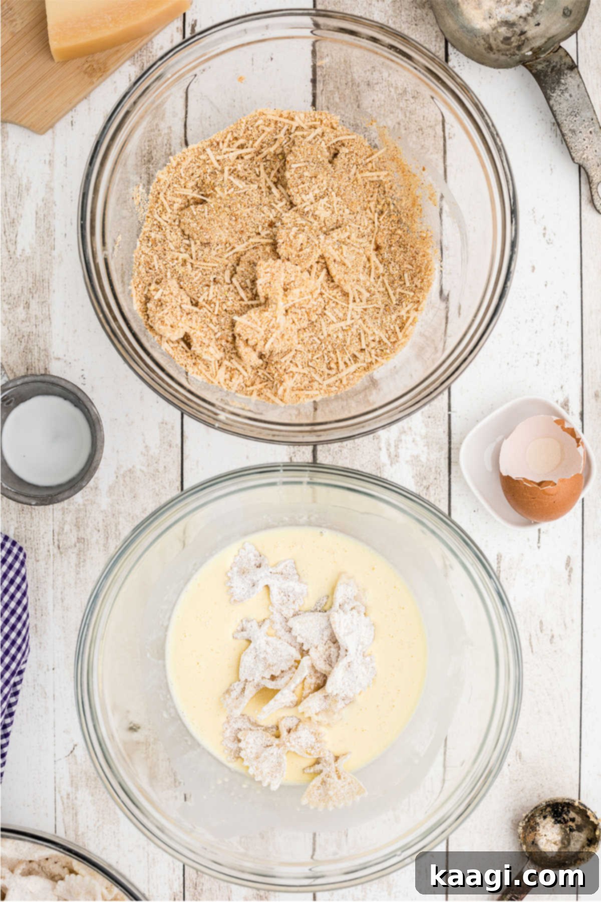 Crispy Farfalle Bites 8 Floured pasta being moved from the cream and egg mixture to the breadcrumb mixture, illustrating the dredging process before frying.