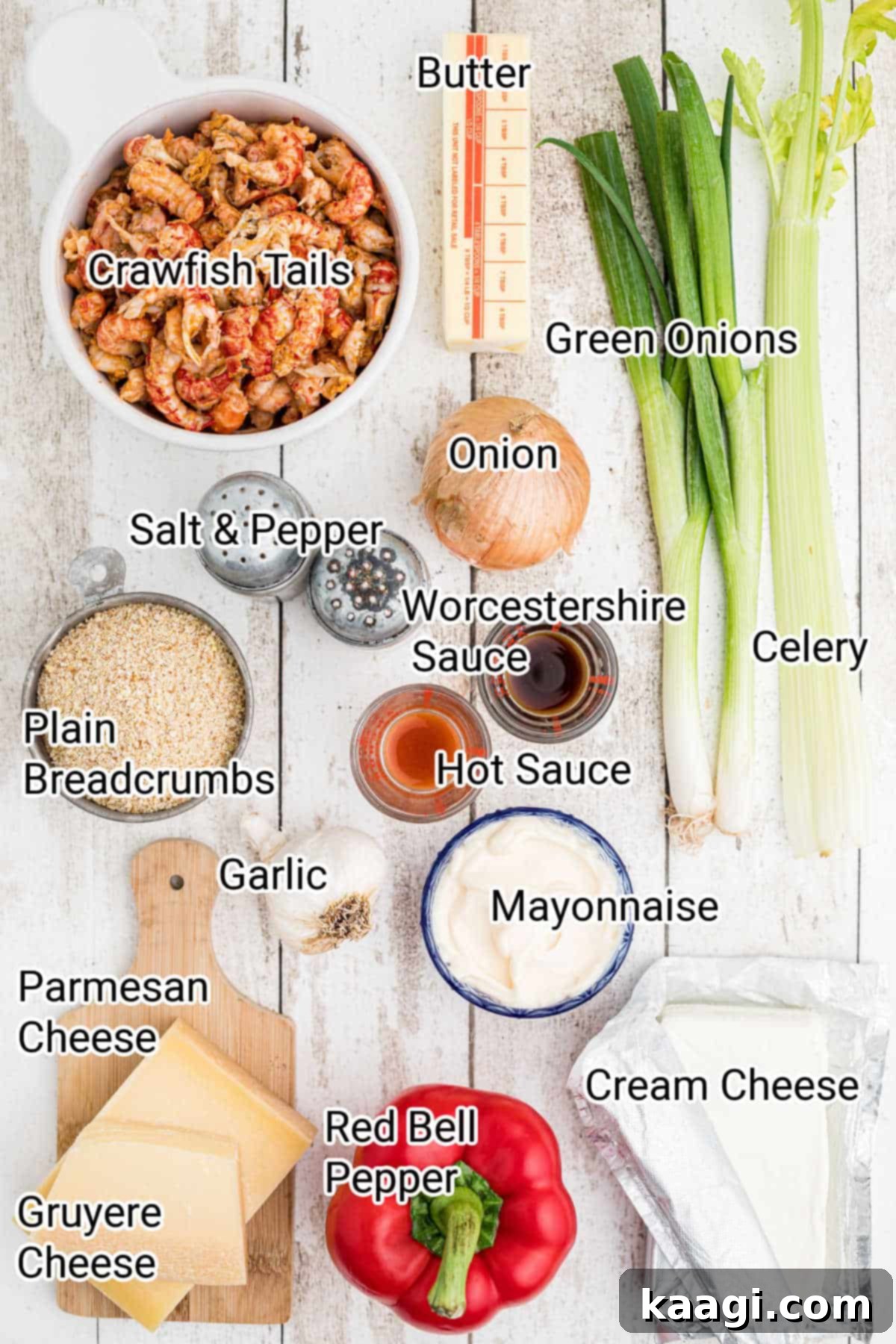 ingredients laid out showing what is needed for a crawfish dip