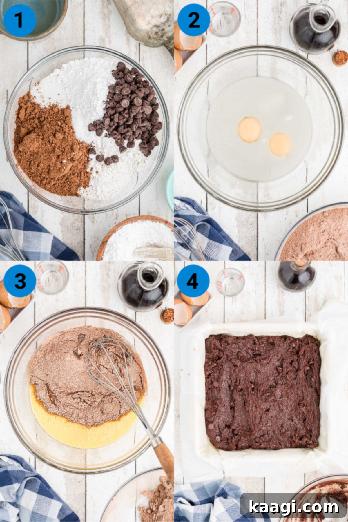 A collage of four images illustrating the initial stages of preparing birthday brownies, from mixing dry ingredients to combining wet and dry batters.