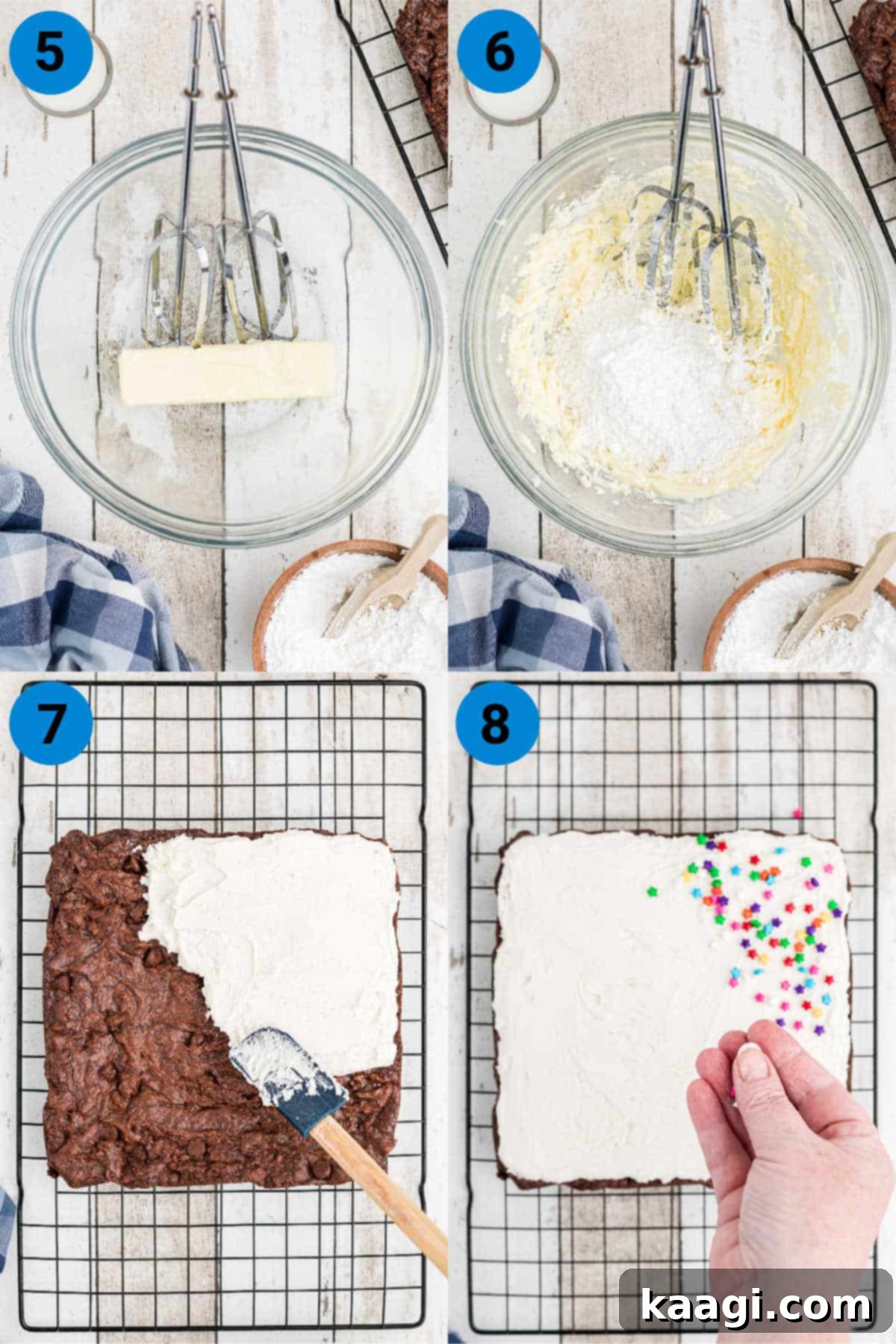 A collage of four images showcasing the frosting process for birthday brownies, from whipping butter to spreading the buttercream and adding colorful sprinkles.