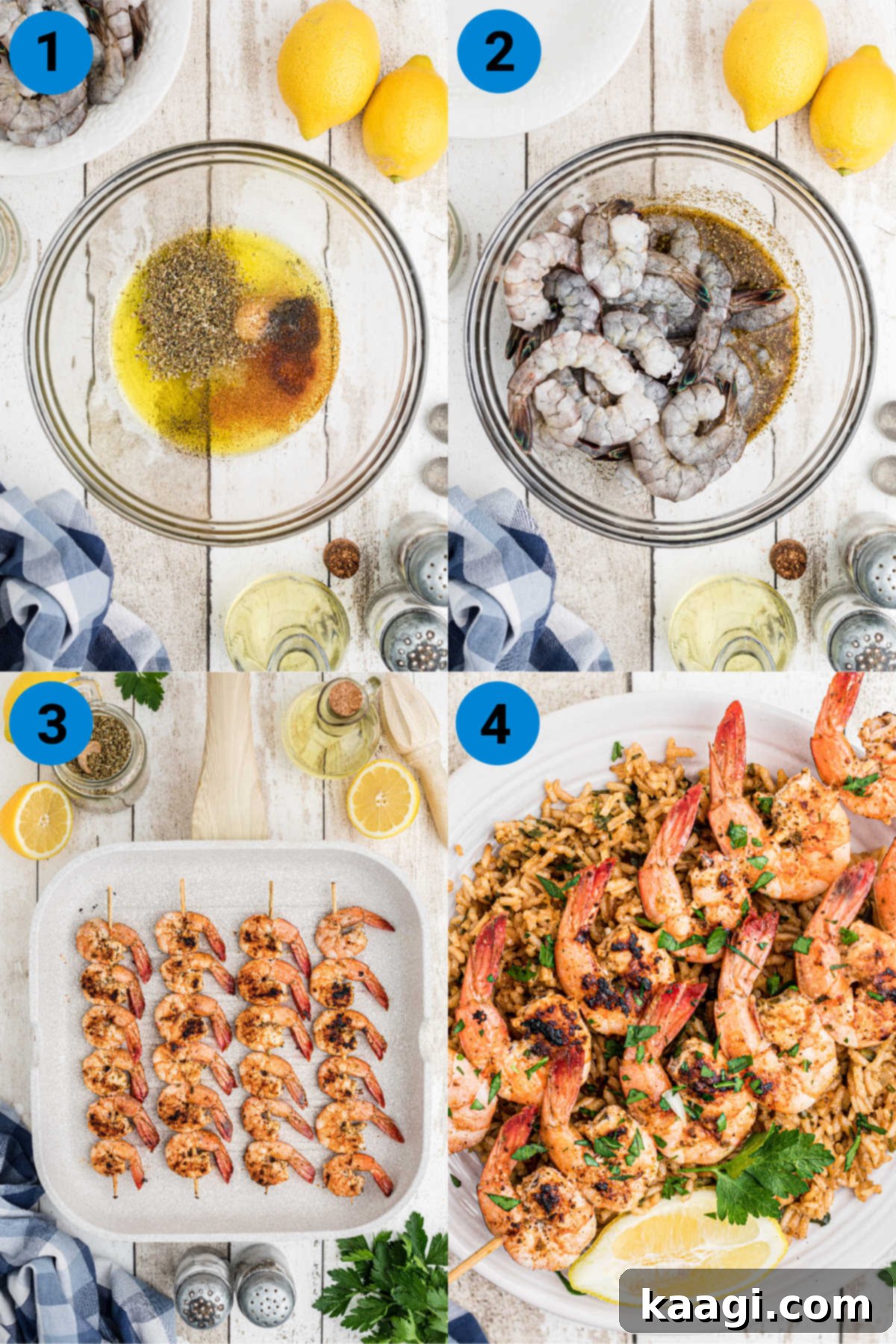 A collage of four sequential images demonstrating the simple steps to prepare Texas Roadhouse grilled shrimp, from marinating to skewering and grilling.
