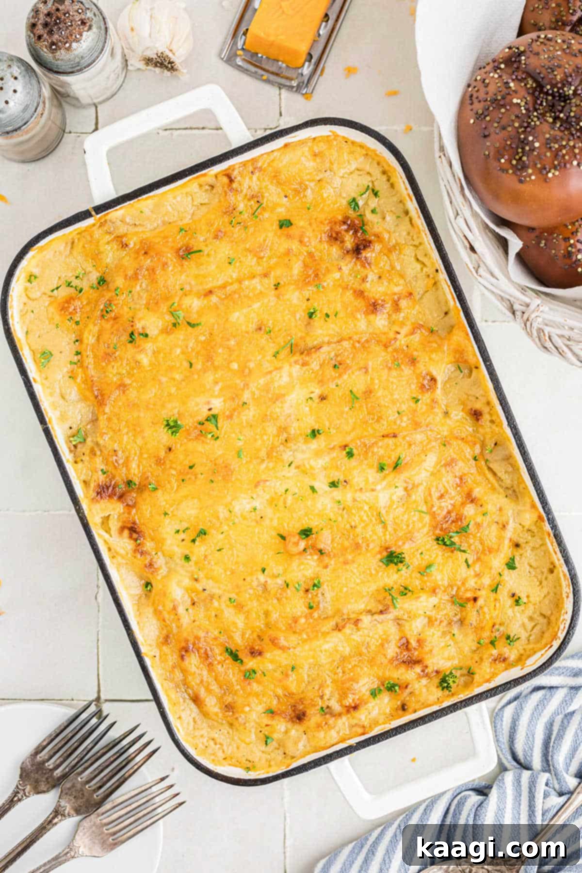 Overhead shot of a casserole dish with a Fisherman's Pie ready to serve.