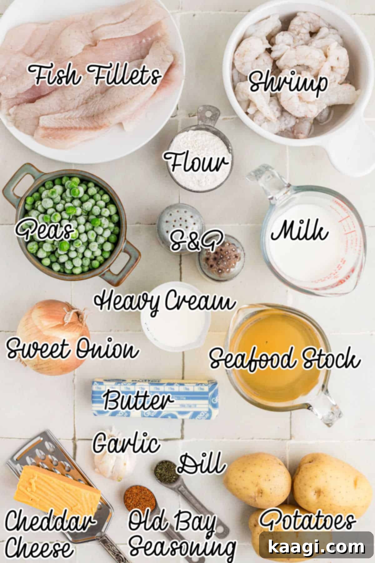 Ingredients needed to make a fishermans pie, with text overlay.