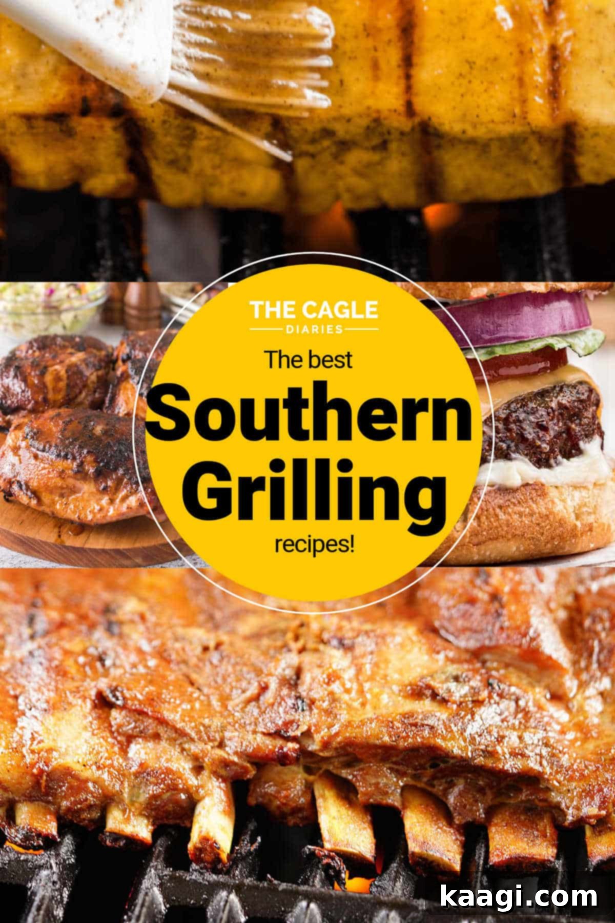Southern Grilling Essentials 2 A vibrant collage of various delicious Southern grilling recipes, featuring burgers, steaks, chicken, seafood, and grilled produce, set against a summery backdrop.