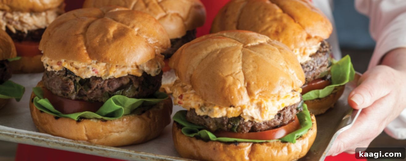 Southern Grilling Essentials 5 Grilled cheeseburgers topped with fire-roasted poblano peppers and creamy pimiento cheese.