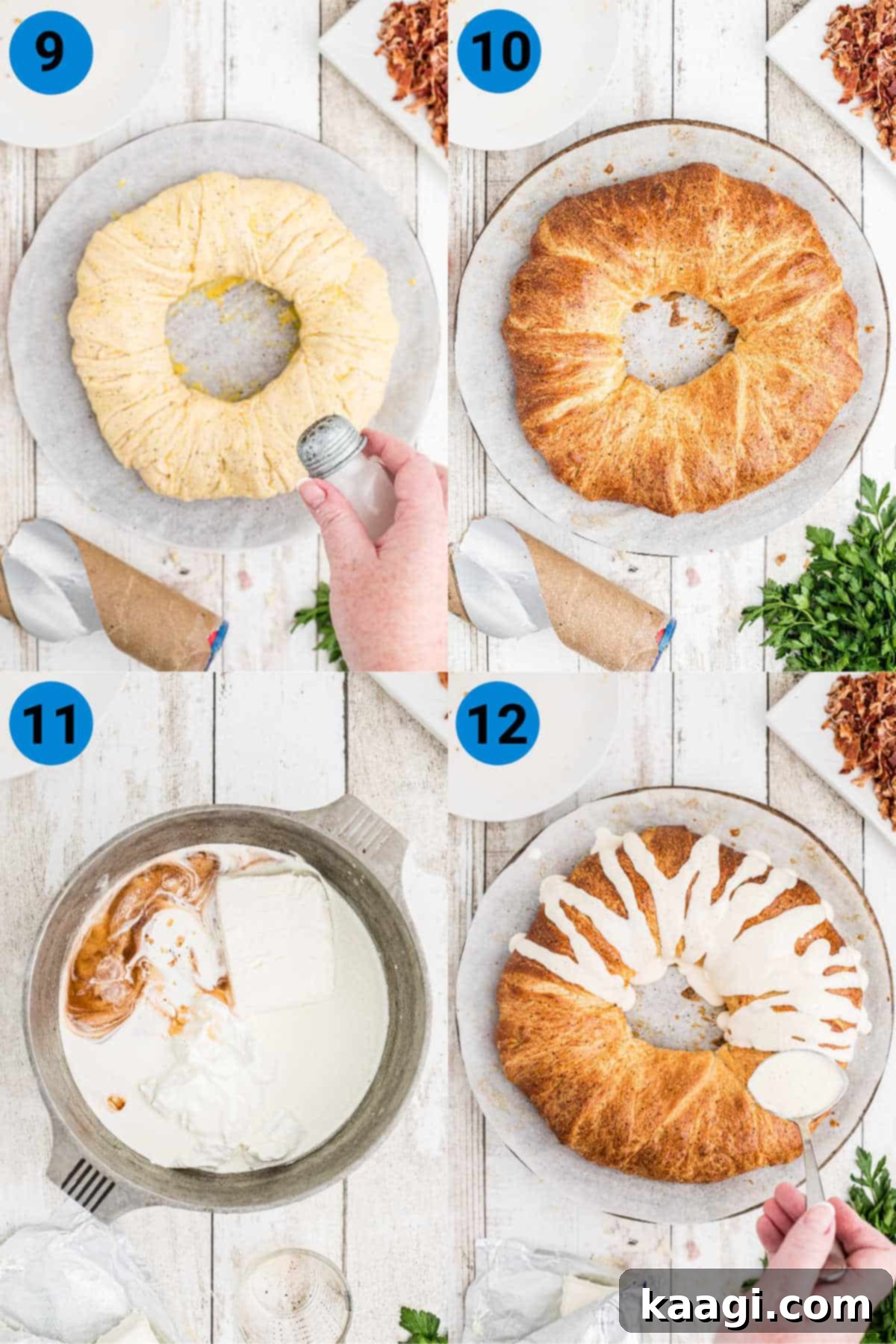 four image collage showing boudin king cake recipe steps on how to make it