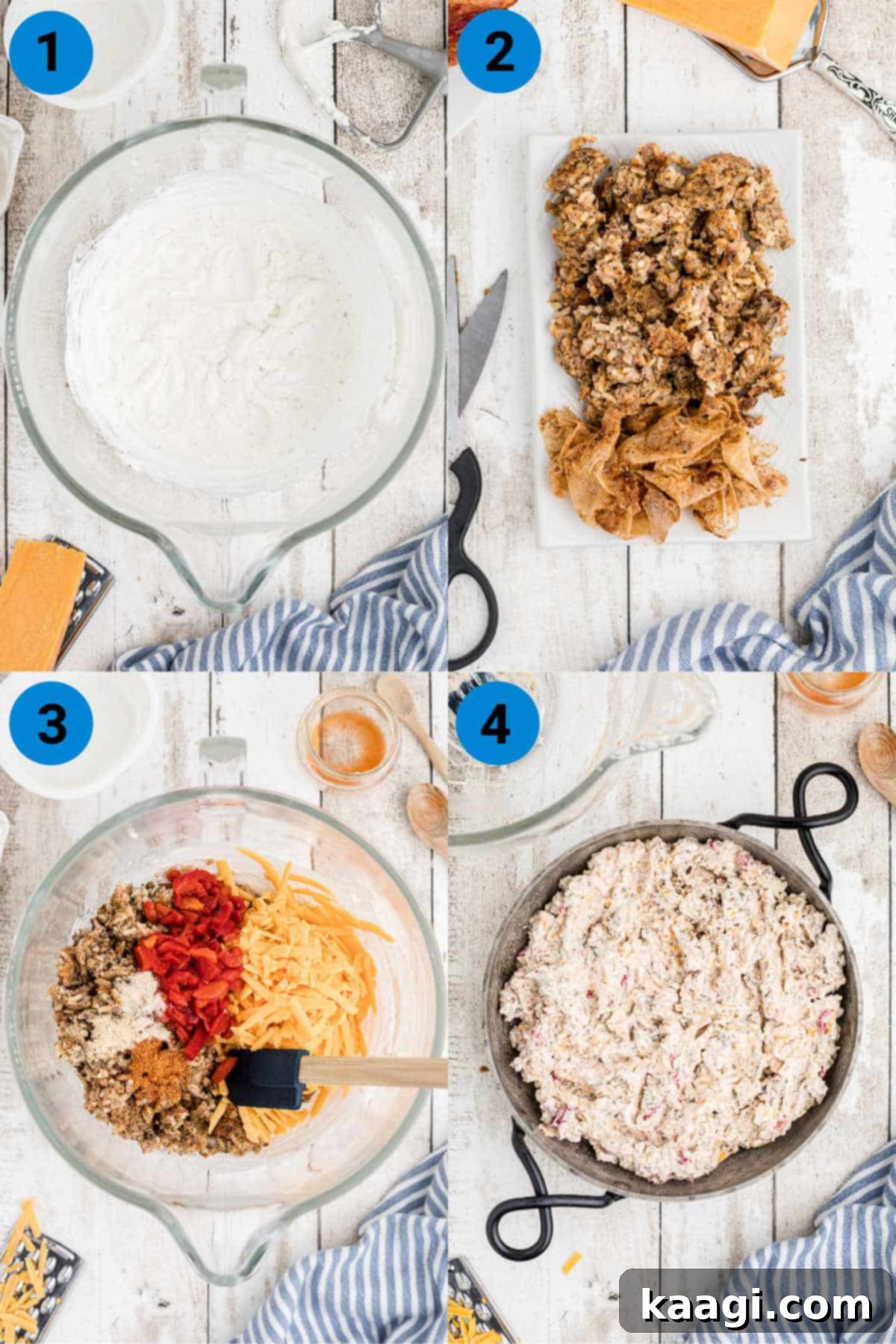 A collage of four images showing the step-by-step process of preparing boudin dip, from mixing ingredients to baking and garnishing.
