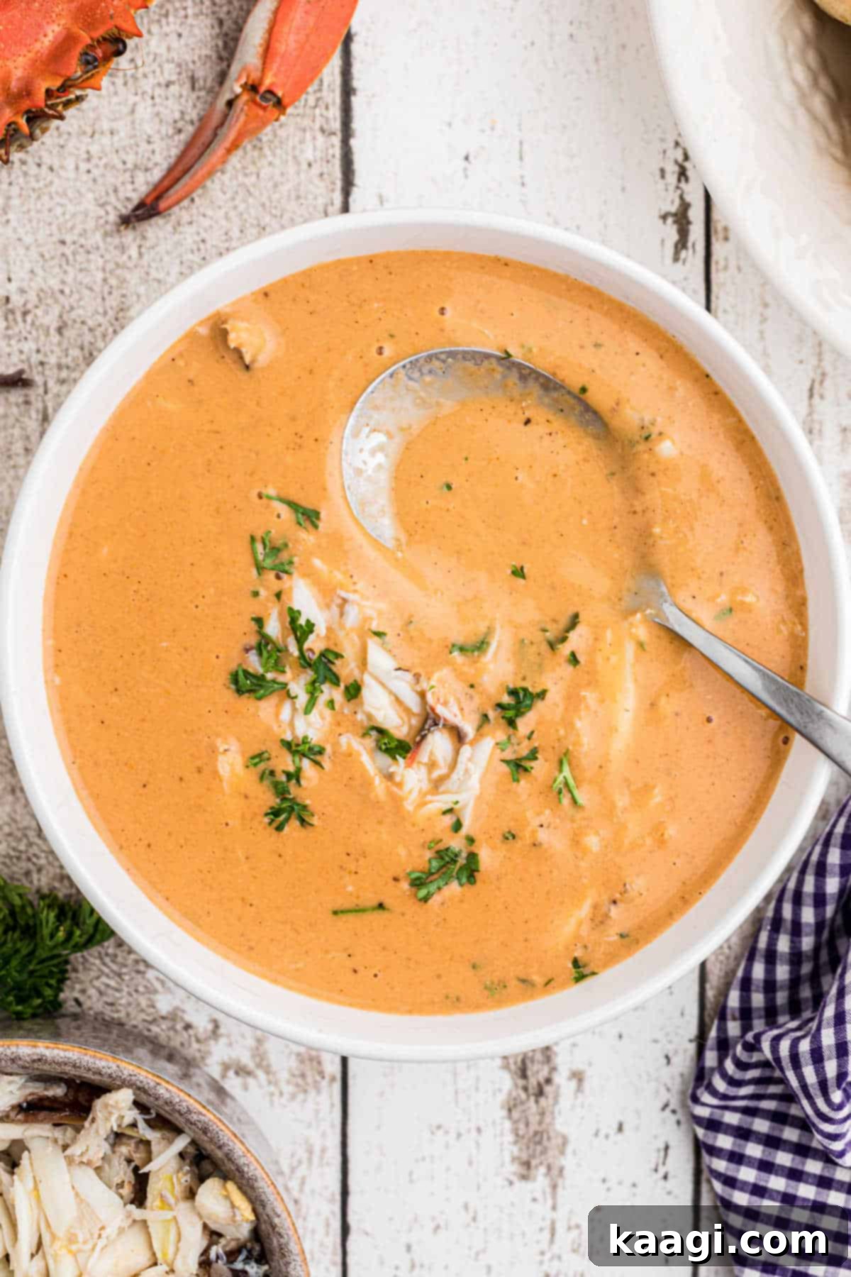 overhead shot of a bowl of crab soup with a spoon resting on top