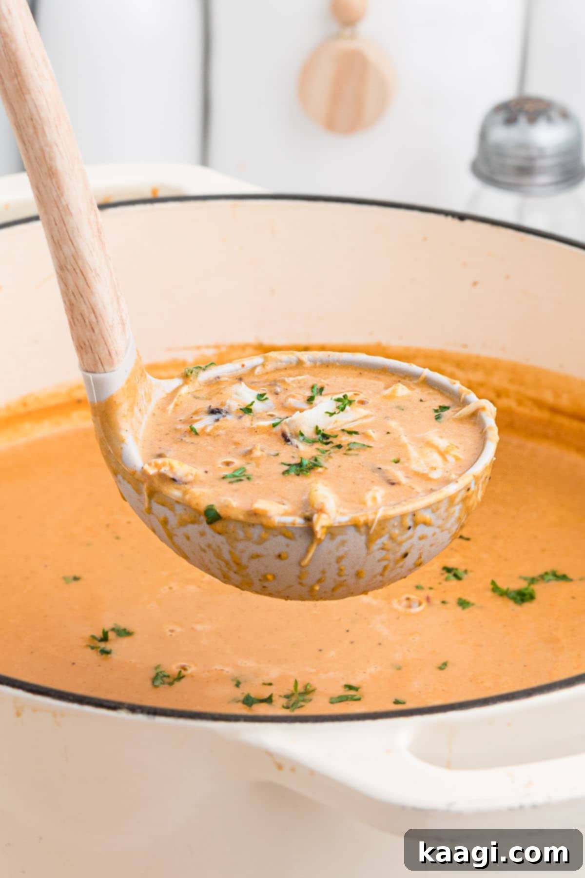 a close up of a ladle full of crab soup