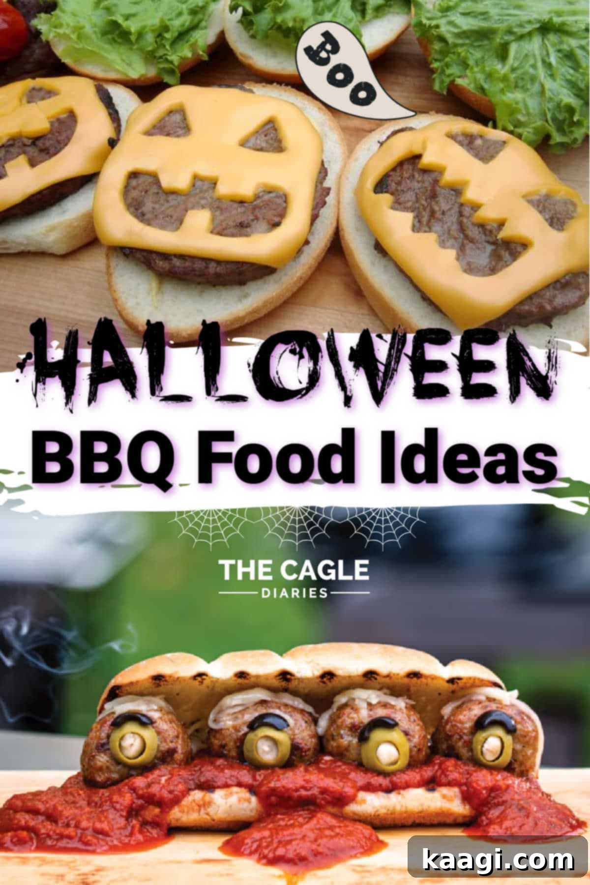 A collage featuring various Halloween-themed BBQ dishes, including spooky hot dogs and monster meatloaf.