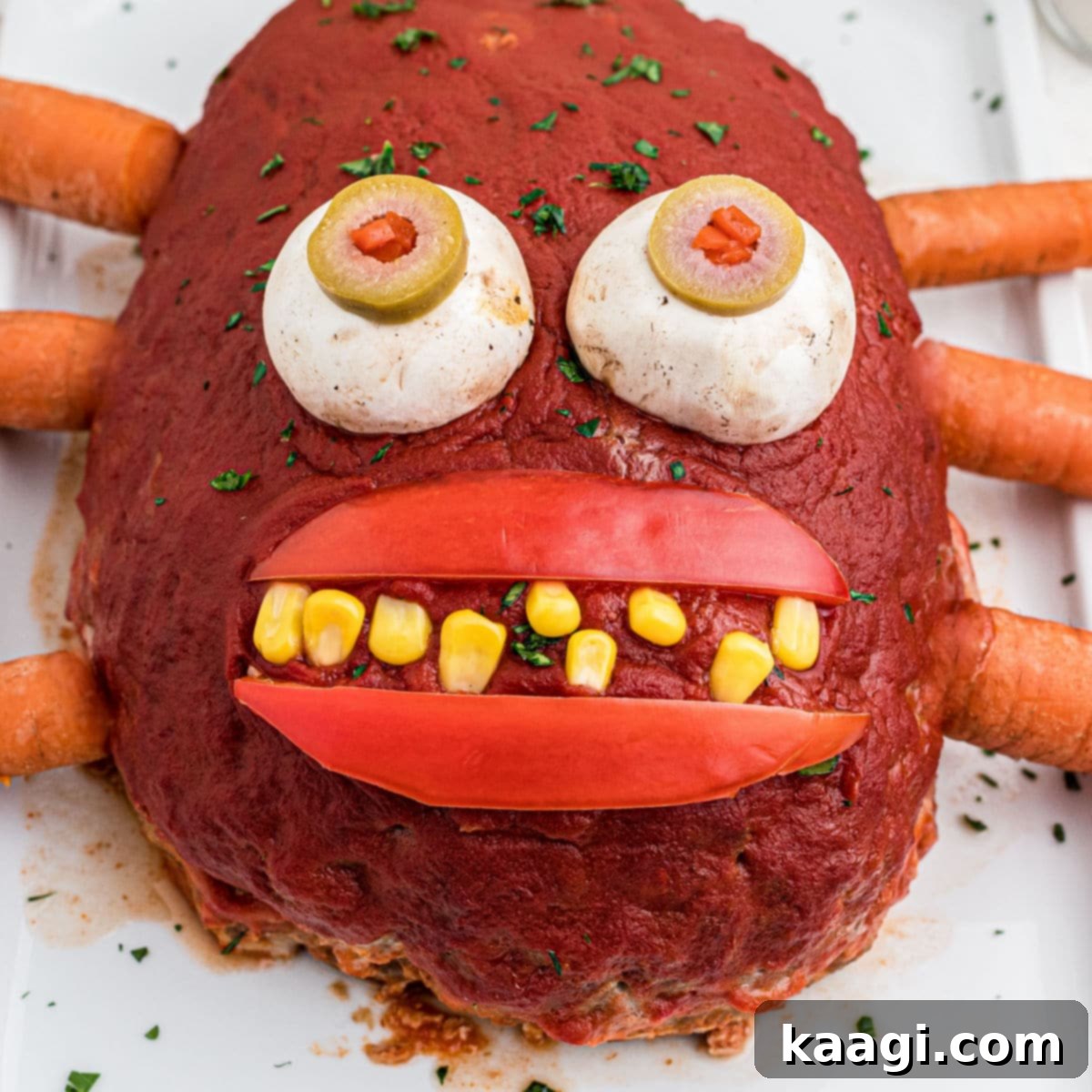 Close-up featured image of a gruesome Monster Meatloaf, creatively shaped and decorated with edible elements to resemble a scary monster for Halloween dinner, appealing to kids and adults.