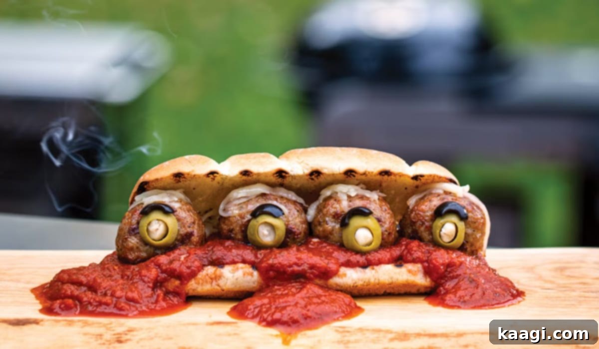 A scary eyes meatball sub, garnished with olive 'eyeballs' for a Halloween effect.