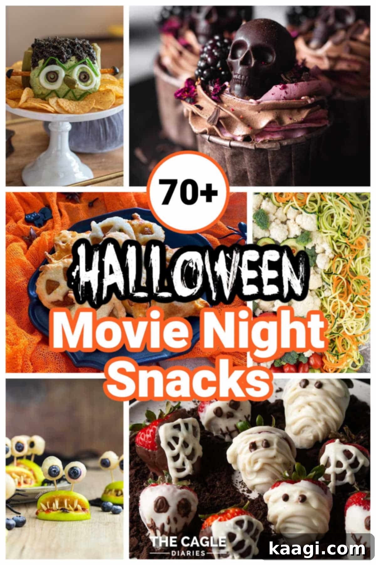 A collage of 6 images showing various popular Halloween Movie Night snacks, including themed cupcakes, cookies, and popcorn.