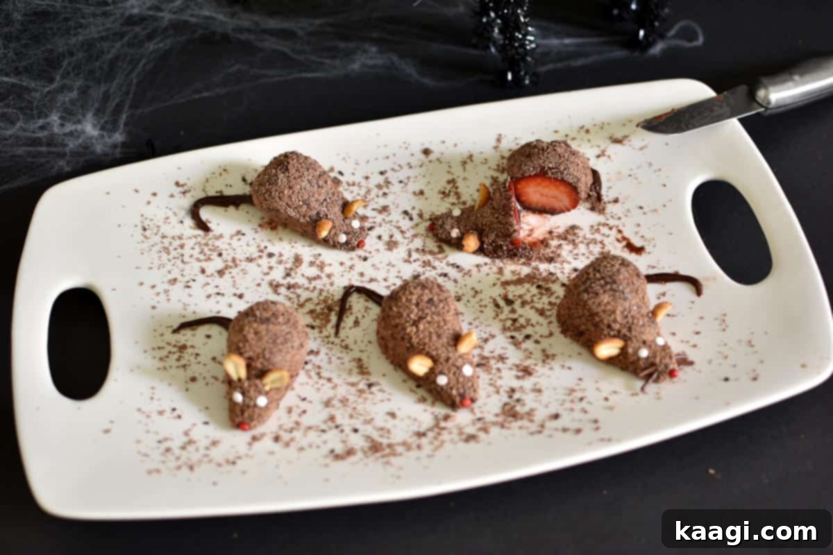 Strawberry and chocolate fudge mice Halloween dessert.