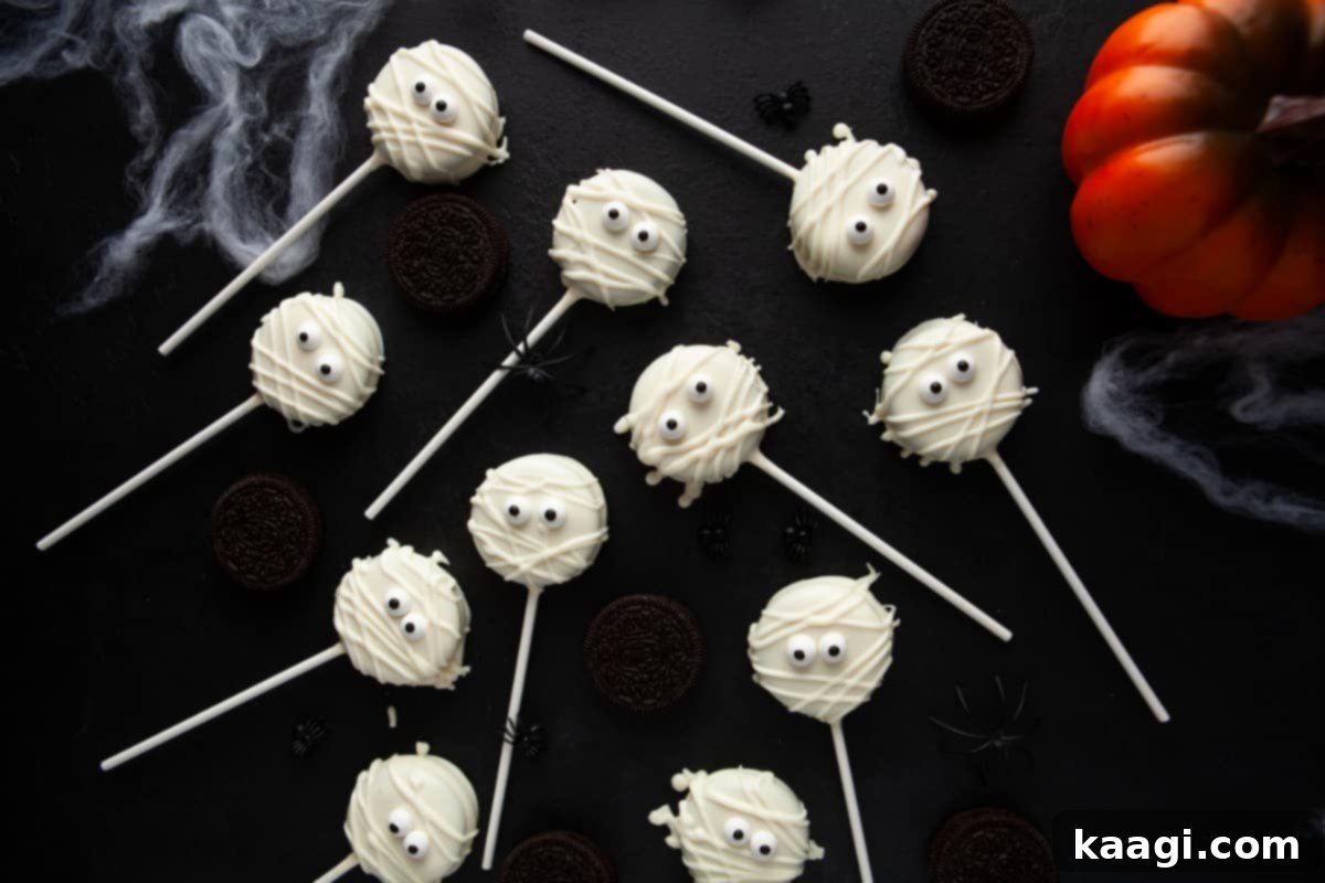Oreo Mummy Pops decorated for Halloween.