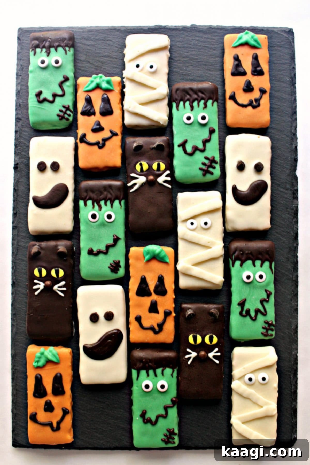 Spooky Graham Crackers, chocolate-covered with Halloween decorations.
