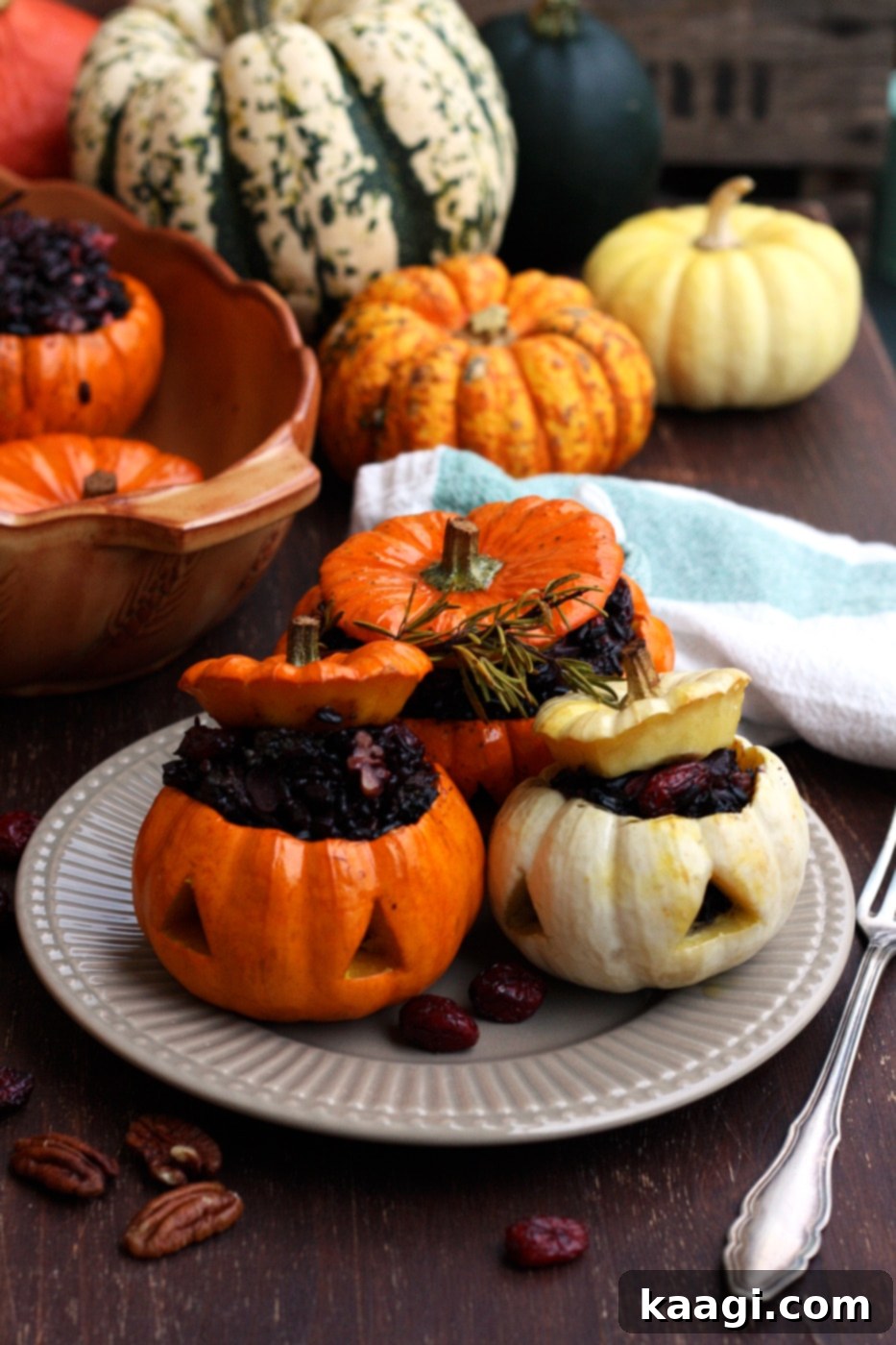 Halloween Stuffed Pumpkins with wild rice stuffing.