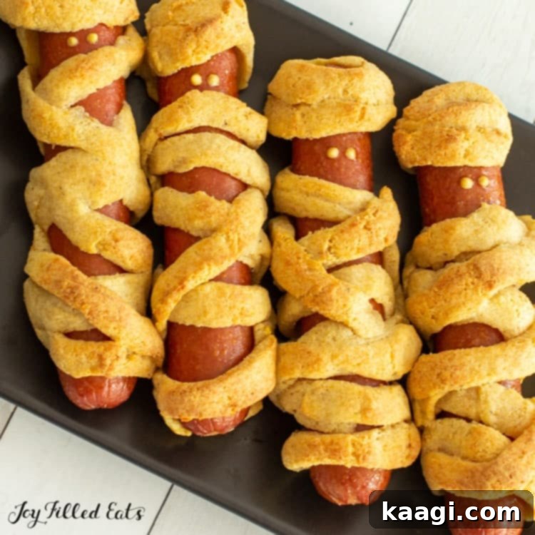 Keto Mummy Dogs, low-carb Halloween treats.