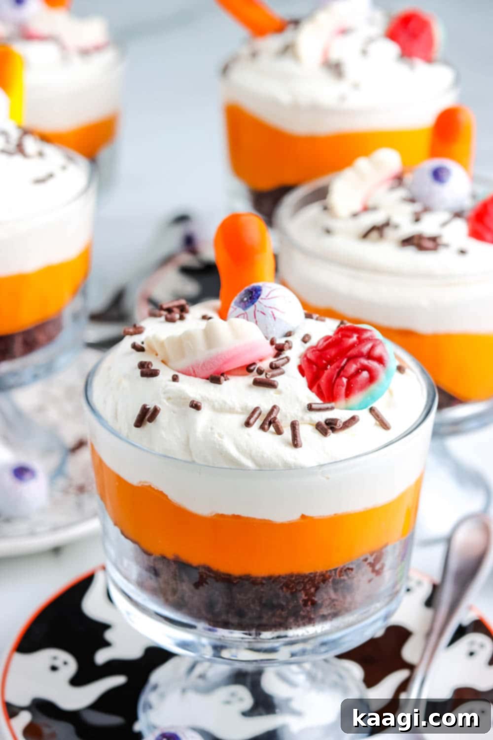Halloween themed chocolate trifle with candy decorations.