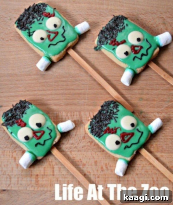 Frankenstein cookie pops on a stick.