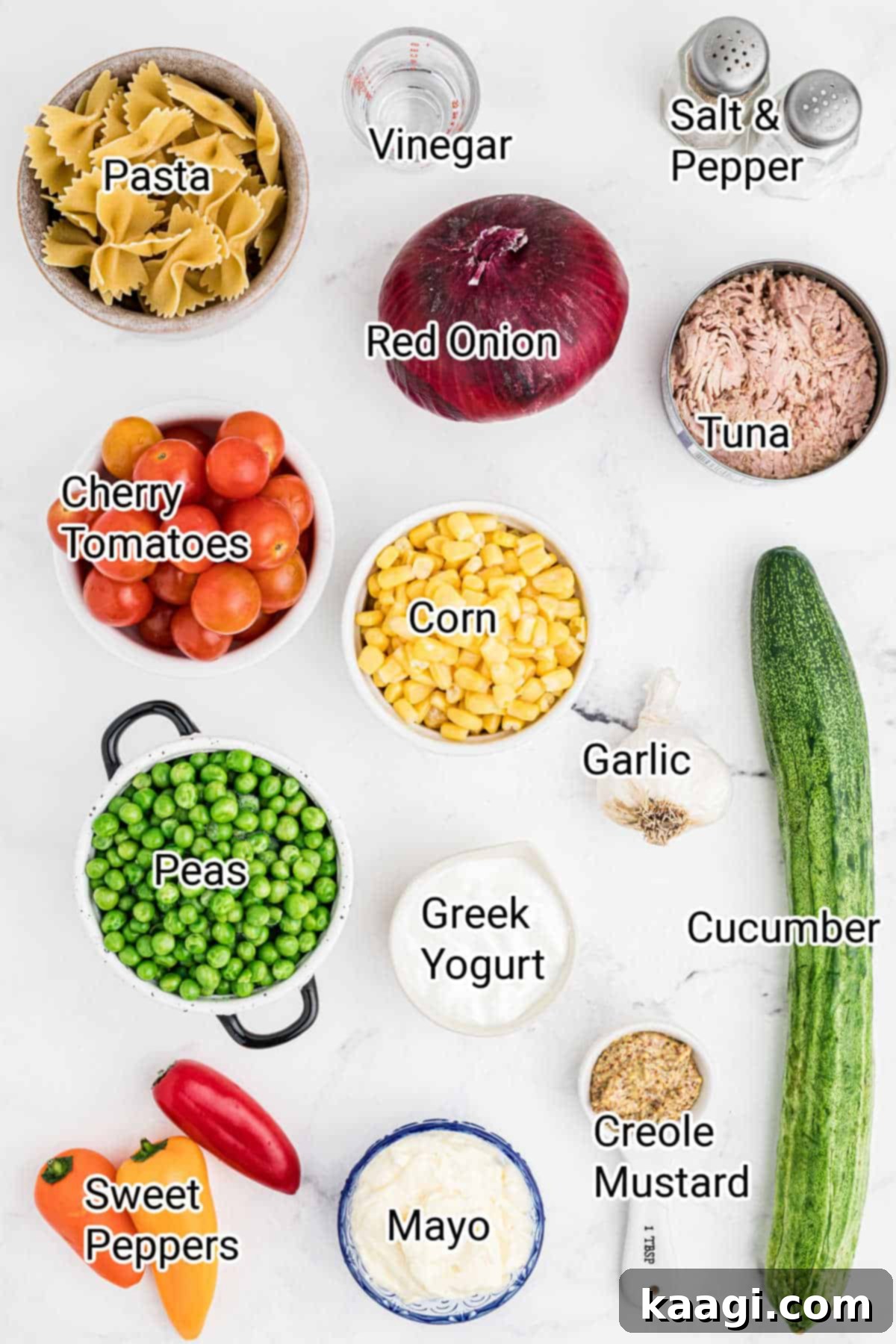 Creamy Tuna Pasta Salad 3 all fresh and pantry ingredients laid out for making a tuna pasta salad