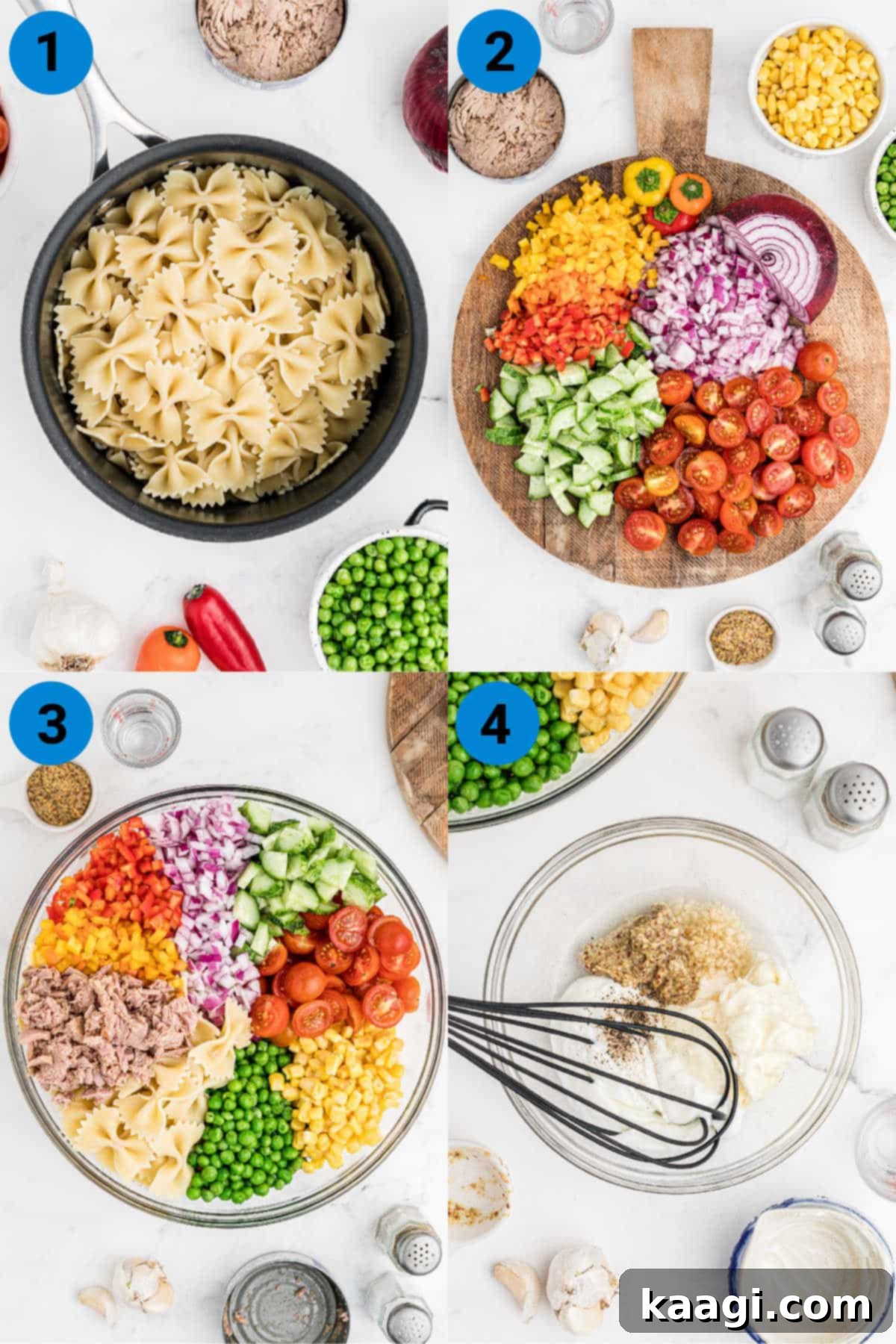 Creamy Tuna Pasta Salad 4 collage of four images showing the step-by-step process of making tuna pasta salad