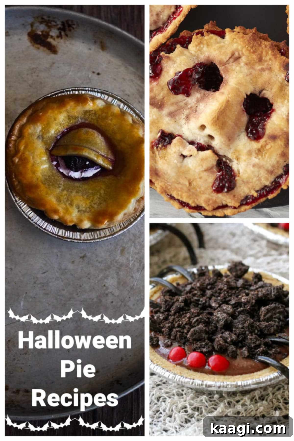 A collage of three images, showcasing diverse Halloween pies with creative spooky decorations.