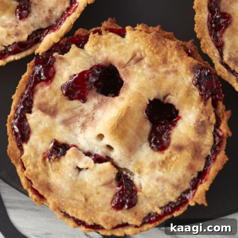 Small hand pies with scary faces cut into the pastry, creating 'mini monster face' designs for Halloween.