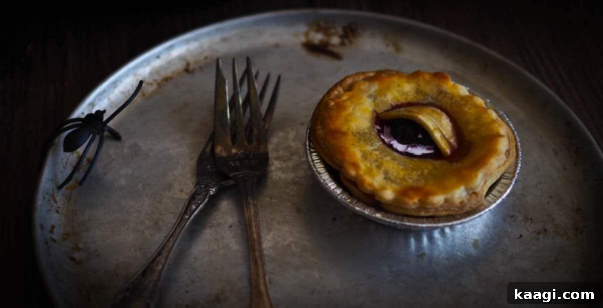 A small individual pie featuring a single, eerie eye decoration on top, made to look creepy.