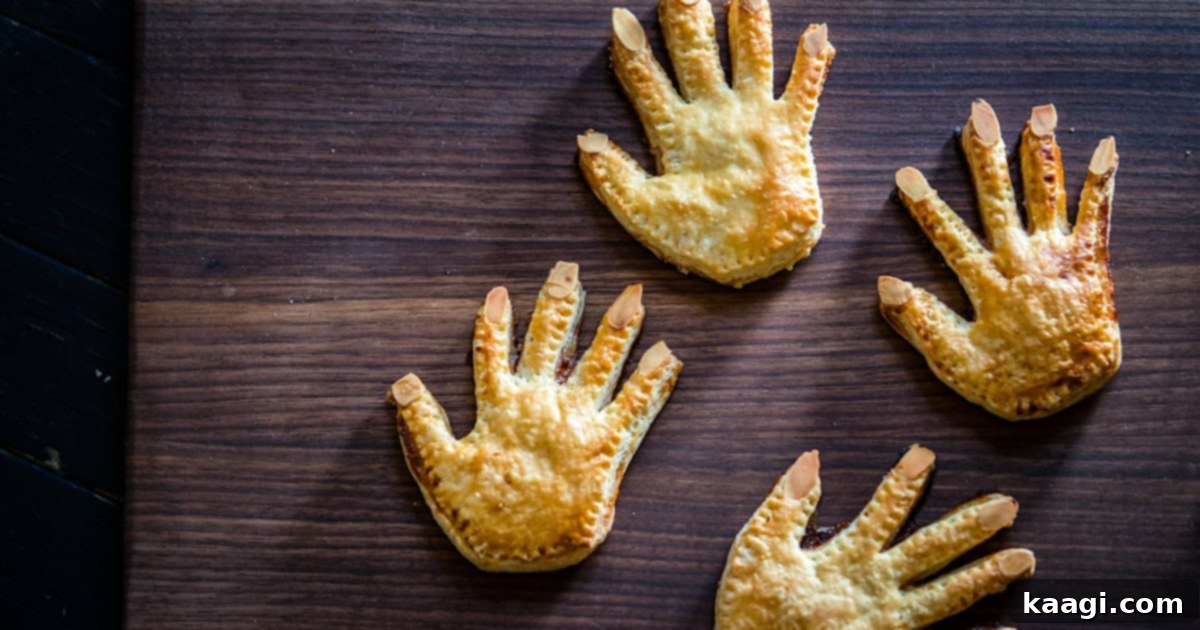 Individual pies cleverly shaped like human hands, adding a ghoulish touch to Halloween treats.