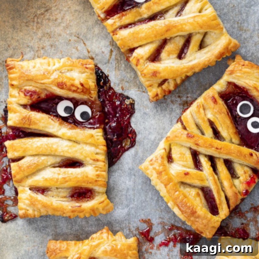 Small hand pies artfully decorated with pastry strips to resemble mummies, complete with edible eyeballs.
