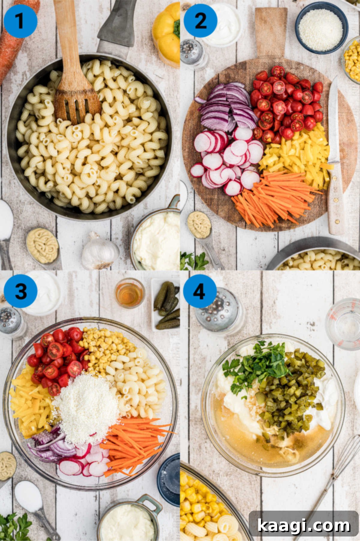 A step-by-step visual guide showing the process of making summer pasta salad, from chopping vegetables to mixing the dressing.