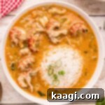 Bowl of crawfish etouffee with rice scoop in the middle.