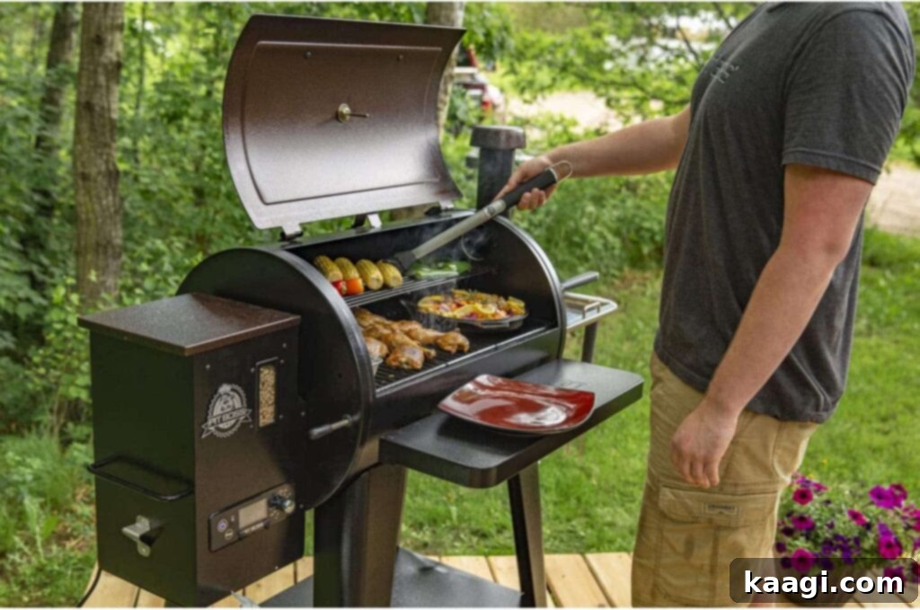 Wood-Kissed Mushrooms 5 Man standing next to a wood pellet grill, demonstrating its ease of use for outdoor cooking.