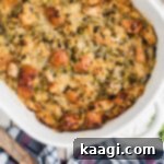 Close up shot of an oyster dressing in a casserole dish, golden and bubbly.