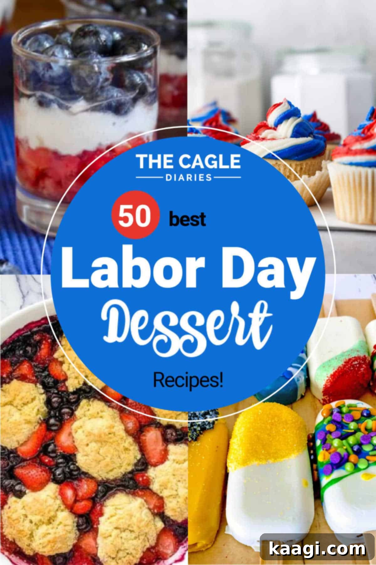 A vibrant collage showcasing various Labor Day desserts, including pies, tarts, and berry-themed treats, perfect for Pinterest.