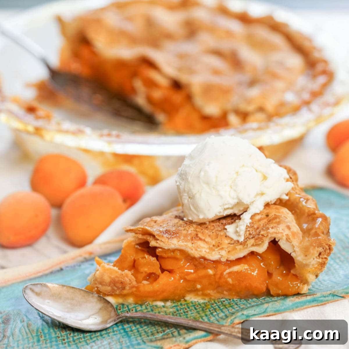 A slice of homemade apricot pie, showcasing its golden crust and juicy apricot filling.