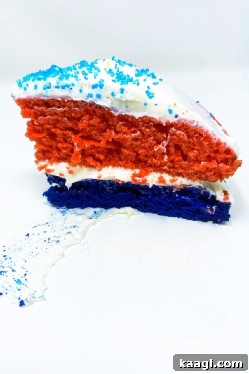 A slice of a vegan and gluten-free Red White & Blue Cake, showing its vibrant layers and festive sprinkles.