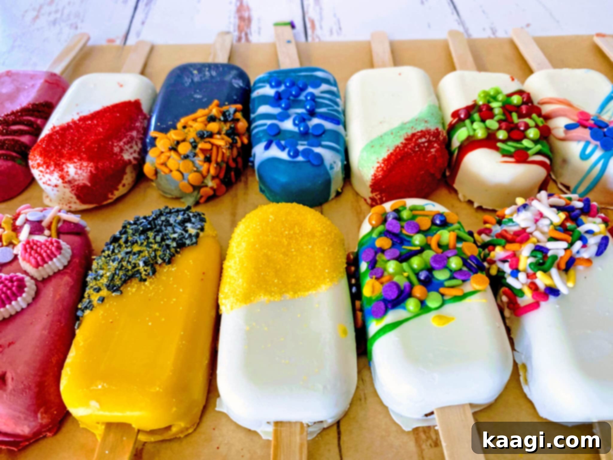 Cake popsicles all lined up in a row, decorated with sprinkles.