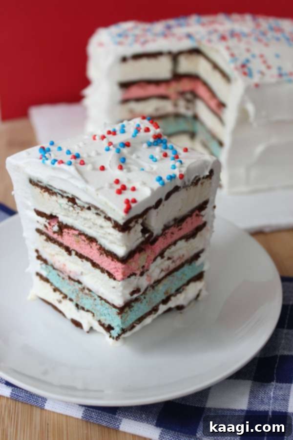 Patriotic Icebox Cake Recipe, showcasing layers of ice cream sandwiches and whipped cream with red and blue sprinkles.