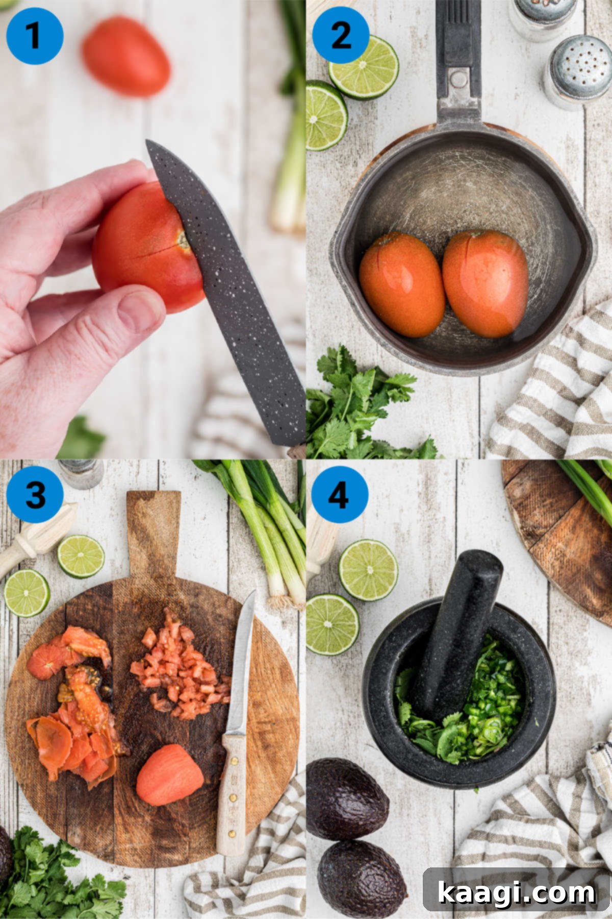 A four-panel collage showing the process of making molcajete guacamole: blanching tomatoes, crushing herbs, mashing avocado, and combining ingredients.