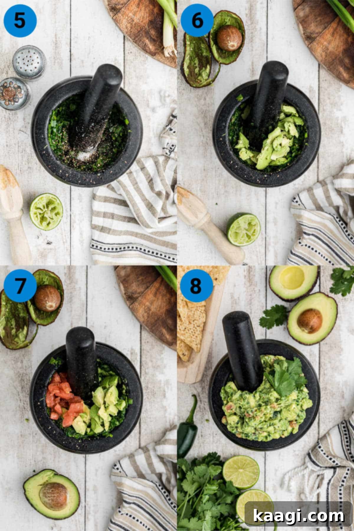 Another four-panel collage demonstrating the final stages of making molcajete guacamole, showing the chunky texture and ready-to-serve presentation.