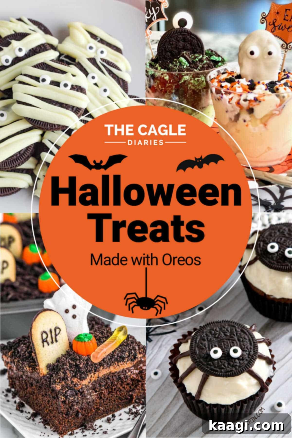 Collage of four images showcasing various Halloween treats made with Oreos, including mummy Oreos, ice cream cups, zombie pudding, and candy bark.